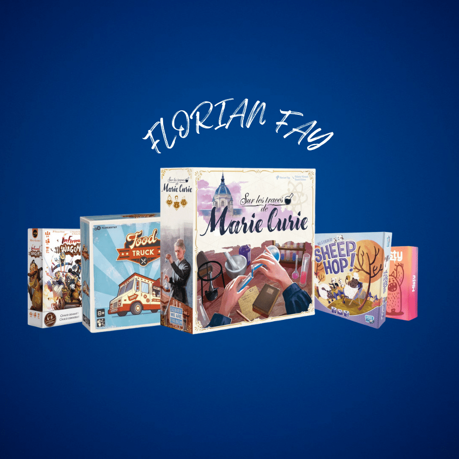 Illustration du jeu de société Sur les traces de Marie Cure, créé par Florian Fay