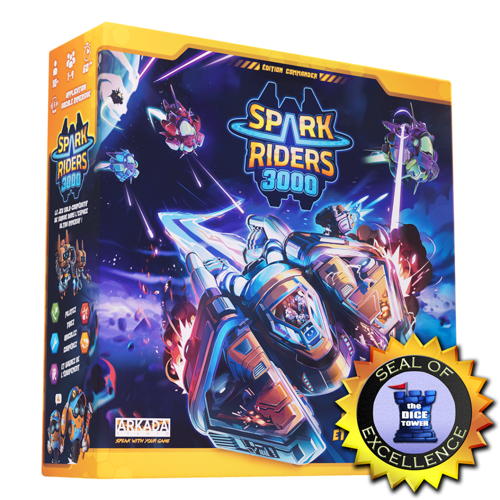 Boîte du jeu Spark Riders 3000, édité par Arkada Studio, maison d'édition partenaire du festival de jeux en Seine-et-Marne, Ludi'Vaux ! Boîte du jeu Spark Riders 3000, édité par Arkada Studio, maison d'édition partenaire du festival de jeux en Seine-et-Marne, Ludi'Vaux !